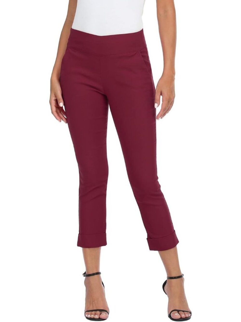 Women's Burgundy Capri Pants Pull On Elastic Waist Cropped Pants With Pockets